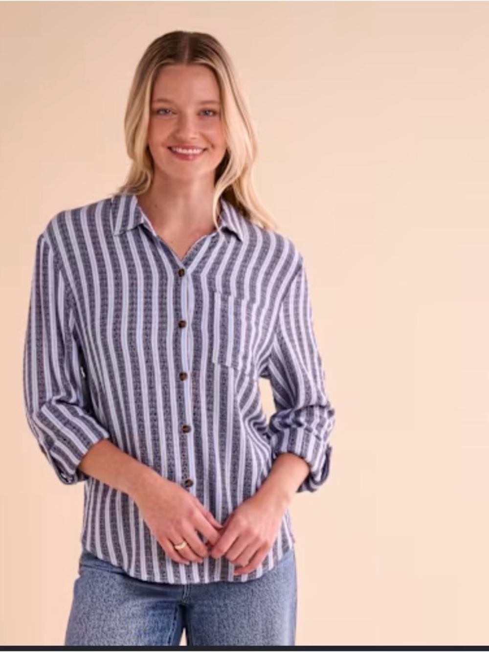 Natural Reflections Cabana Striped Button-Front Women’s Shirt in Blue/Green S